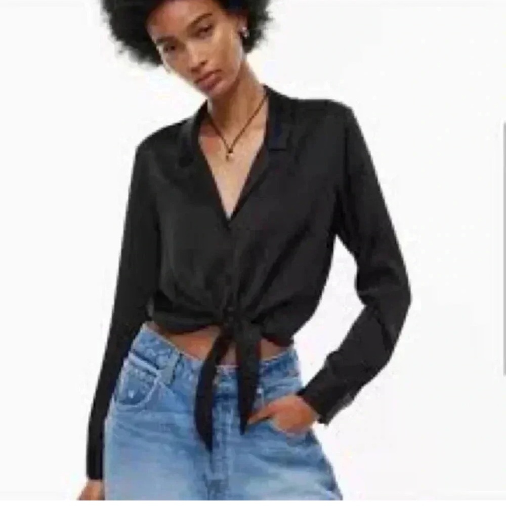 Wilfred black silky long sleeve top tie front button down collared